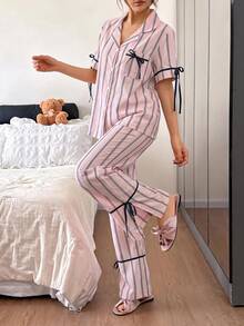 Napfluff 条纹印花翻领撞色休闲家居服短袖上衣和裤子套装（女款） - 藕粉色 - 查看 6