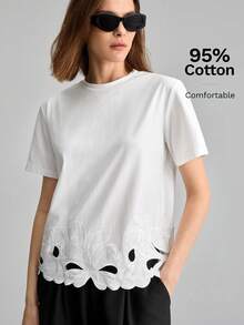 beige, de manga corta, con diseño de bordado hueco, minimalista y elegante de estilo urbano chic, adecuada para salidas, vacaciones, fiestas, citas, bodas, oficina, escuela, versátil de moda - Gris Claro - Ver 11