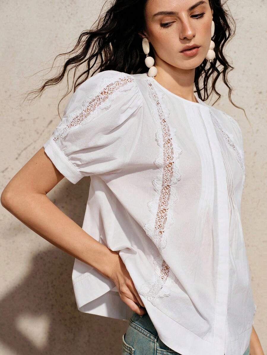 Aveloria Modichic Áo sơ mi nữ dáng rộng, cổ tròn, tay lửng, phối ren, kiểu dáng thường ngày, mới. - trắng - Xem 1