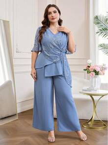 Reflora Plus Size Women's 2 Pieces Set,Elegant Blue And White Embroidered Summer Outfits,Charming Suits For Wedding Graduation Ceremony,Elegant Set - Blue - View 6