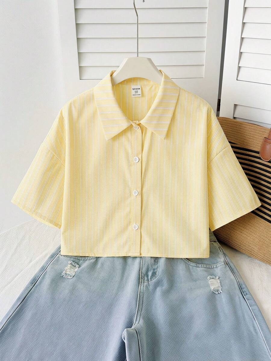 SHEIN Little Byeori Tween 女童宽松简约马球领条纹短款插肩短袖休闲衬衫 - 芥末黃 - 查看 1