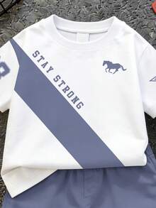 Baby Boy Casual T-Shirt Set,Summer Casual Beach Outfit,Blue White Stripe,Classic Number 23,Pentagram & Horse Print,Stay Strong Text,Campus Style - Multicolor - View 4