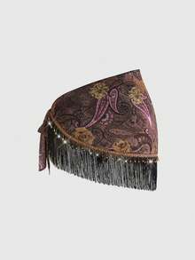 ROMWE Váy nữ cỡ lớn phong cách retro hippie miền Tây, chất liệu xuyên thấu, đính hạt gỗ, viền tua rua, in họa tiết paisley, có dây rút. - Hồng - Xem 2