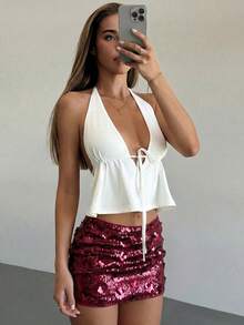 Aloruh Short court rose à paillettes taille basse pour jeunes femmes pour festival de musique - Rouge foncé - Voir 6