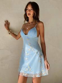 Aloruh Women's Elegant Pleated Cup Embroidered Solid Color Fitted A-Line Mini Dress Holiday Light Blue Floral Summer, Graduation Clothing - Blue - View 4