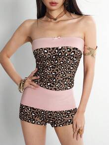 INAWLY Women's Leopard Print Patchwork Bandeau Top And Shorts Casual Sexy Daily Outfit Golf Pastal Summer - Multicolor - View 4