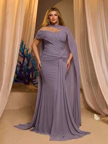 Glamrae Gaun Pesta Malam Formal Musim Dingin Ukuran Besar Warna Ungu, Gaun Pengantin Berpayet Ekor Ikan Asimetris Tanpa Tali dengan Detail Jala dan Lipatan Samping, Model Berkerut, dan Berpilin yang Elegan - Dusty Purple - View 4