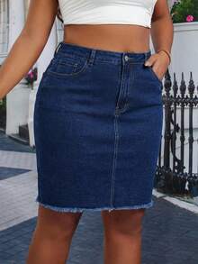SHEIN Essnce Plus Size Solid Color Casual Denim Skirt With Pockets And Belt Loops, Versatile For Summer - Medium Wash - View 5