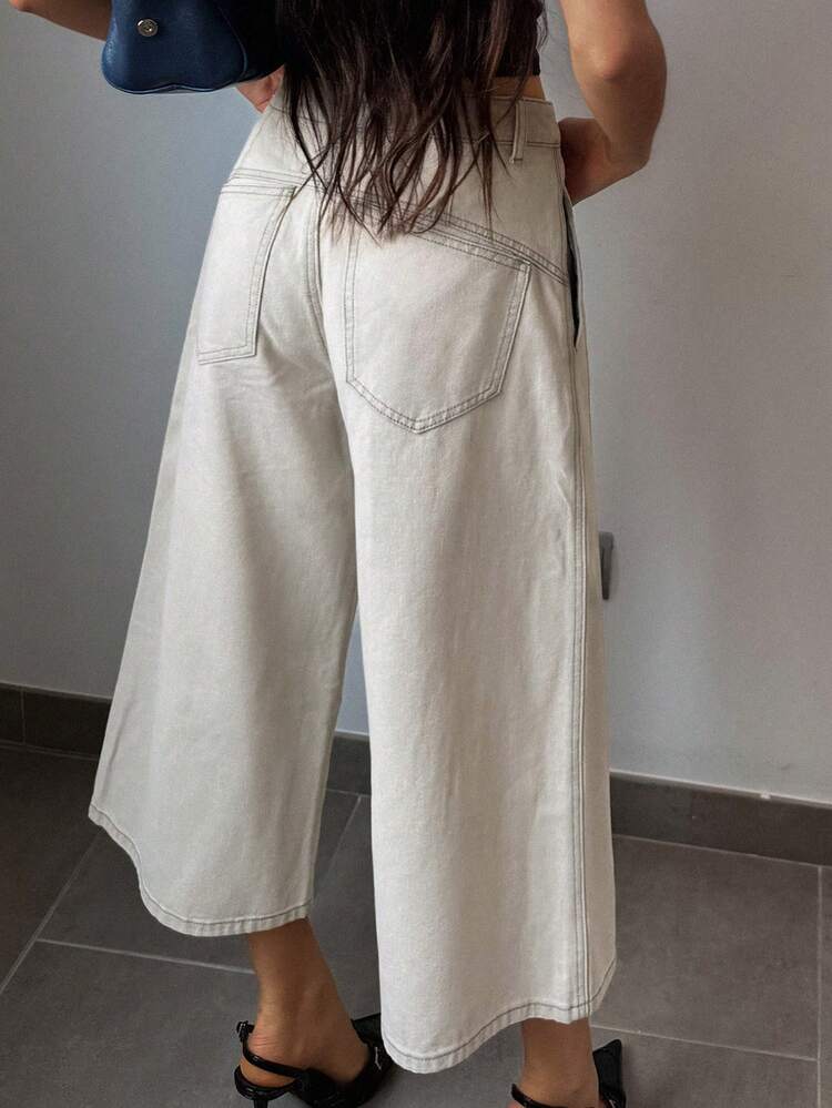Women's Button Waist Design Wide Leg Casual 7/8 Length Jeans