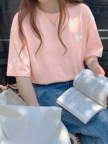 DAZY 女款夏季蝴蝶結刺繡寬鬆短袖圓領T恤 - 粉色 - 查看 7
