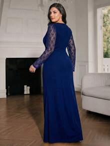 Modelyn 大码针织优雅仿珍珠串珠撞色蕾丝A字连衣裙，派对礼服，婚礼宾客礼服，正式礼服，晚礼服，长裙，情人节礼服 - 藏蓝色 - 查看 5
