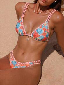 Swim Vcay Spring/Summer Fashion Hot-Selling Printed Striped Lace Design Beach Bikini Set - Multicolor - View 1
