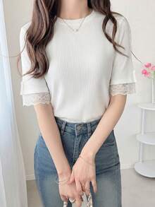 FRIFUL Women's Spring/Summer Short Sleeve Solid Color Patchwork Sheer Lace Fabric Ribbed Fashionable Slim Fit Versatile T-Shirt - White - View 4
