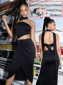 Slouenne Slouenne Summer New Hollow Out Waist Backless Asymmetric Design Halter Neck Versatile Dress For Women Night Out Party Club Cocktail Black Sexy - Black - View 1