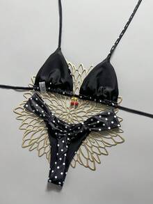 Swim Mod 2pcs/Set Spring & Summer Vacation Random Cherry Print Halter Triangle Cup Bra And Bikini Bottoms Sexy Women Swimwear Set - Black and White - View 2