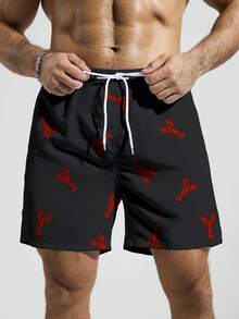Surfspeed Men's Summer Vacation Crayfish Print Drawstring Waist Beach Shorts Holiday / Vacation / Beach / Hawaii / Tropical / Swim /  Bathing - Black - View 5