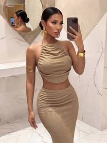 Slaydiva Women's Backless Halter Top And Skirt 2 Pieces Set - Khaki - View 4