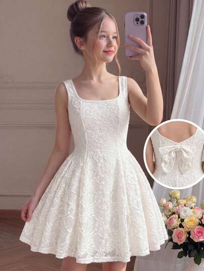 Pitira Đầm dự tiệc mùa lễ hội thanh lịch dành cho bé gái tuổi teen, lưng nơ, xếp nếp.