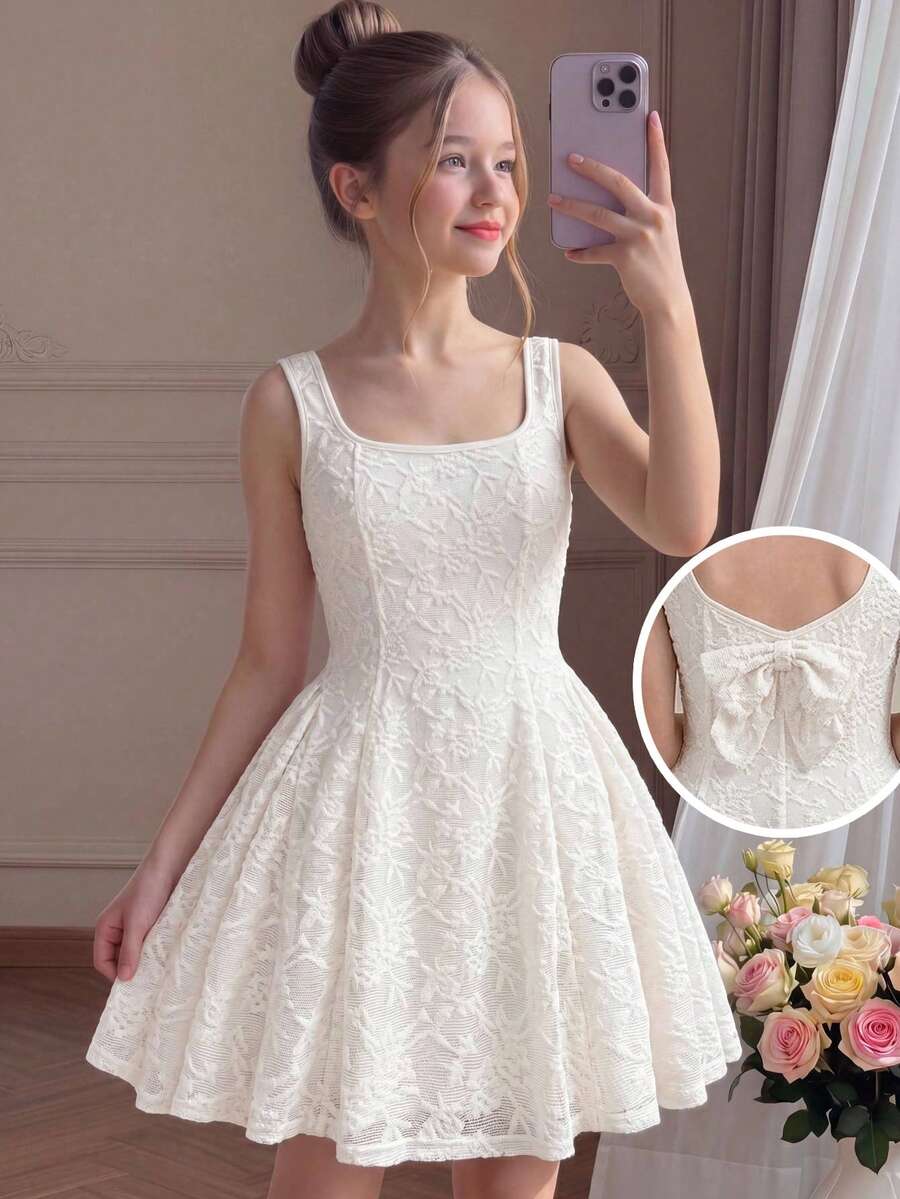 Pitira Đầm dự tiệc mùa lễ hội thanh lịch dành cho bé gái tuổi teen, lưng nơ, xếp nếp. - Màu be - Xem 1