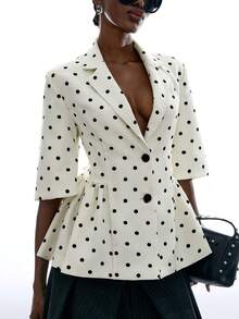 LYSMO Áo khoác blazer nữ họa tiết chấm bi kiểu dáng thường ngày - Đen và trắng - Xem 6