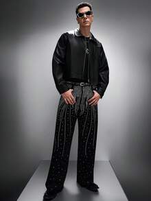 Zorclune Fashionable Rhinestone Embellished Denim Wide Leg Pants, Unisex Streetwear Baggy Rhinestone Black Vacation Party Diamond Starlight Denim For Y2K - Black - View 4