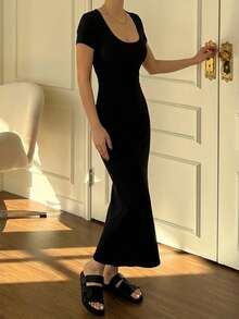 DAZY Women's Solid Color Round Neck Short Sleeve Fitted Casual Dress Sundress - Black - View 2