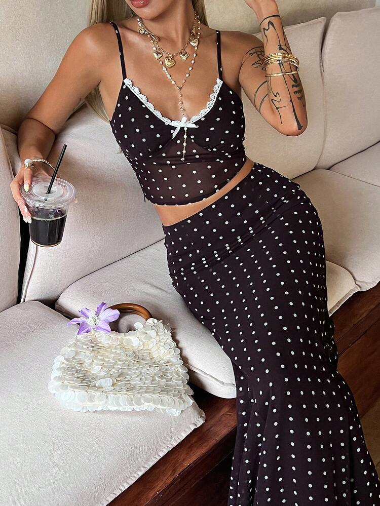 Women's Lace Patchwork Polka Dot Bow Decor Camisole Top And Skirt Casual 2-Piece Set Summer