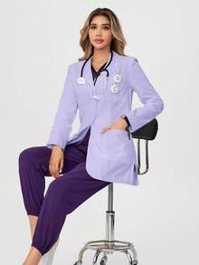 TaskEZ 女士现代经典版型白色 Modernist 35 英寸三口袋弹力实验服护士服工作服制服 - 淡紫色 - 查看 7