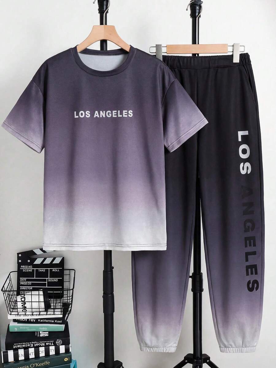 Vacaura 2pcs Boys' Casual Sports Set, Gradient Purple Black White Short Sleeve Round Neck T-Shirt And Loose Drawstring Pants With LOS ANGELES Letter Print, Gradient Dyeing Technique, Suitable For Daily Sports And Urban Casual Wear, Spring/Summer - Multicolor - View 1