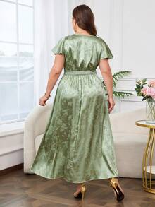 Reflora Đầm satin bóng màu xanh lá cây thanh lịch dành cho nữ cỡ lớn, tay bồng, cổ vuông, dài, xẻ tà bên. - Màu xanh Bạc hà - Xem 3