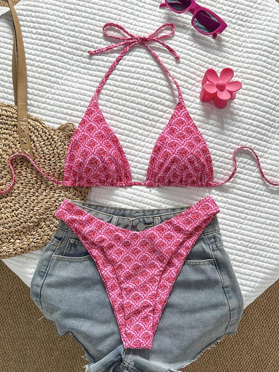 Swim Vcay Women's Tropical Print Halter Neck Bikini Set, Pink Triangle Cup Top And Bottom,Summer Boho Beach Vacation Holiday,Casual Elegant For Party - Multicolor - View 1