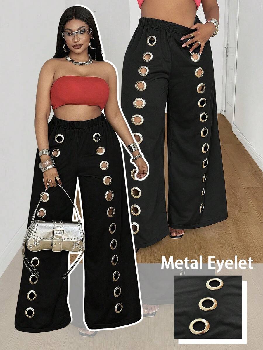 Maweii Plus Size Women's Black Cool Casual Punk Style Iron Ring Hollow Out Loose Wide Leg Pants Fall - Black - View 1