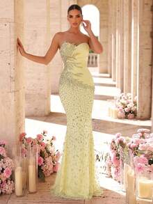 Glamrae 优雅奢华的串珠、亮片和刺绣花卉网纱拼接弹力针织性感无肩带美人鱼连衣裙，适合婚礼、派对、度假、盛会、正式场合（装饰繁复） - 淡黃色 - 查看 5