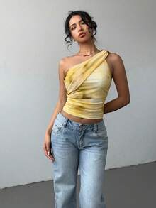 Aloruh Áo croptop nữ kiểu dáng thanh lịch, gợi cảm, in họa tiết tie-dye, chất liệu lưới, ôm sát, xếp ly, thắt nơ phía trước, phong cách Y2K. - Màu vàng - Xem 3