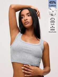 SHEIN BASICS 女款素色時尚百搭圓領短版休閒背心上衣夏季服飾 - 灰色 - 查看 6