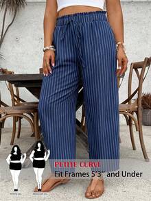 SHEIN PETITE CURVE 大码女式度假优雅抽绳腰荷叶边条纹印花裤 - 藏蓝色 - 查看 3