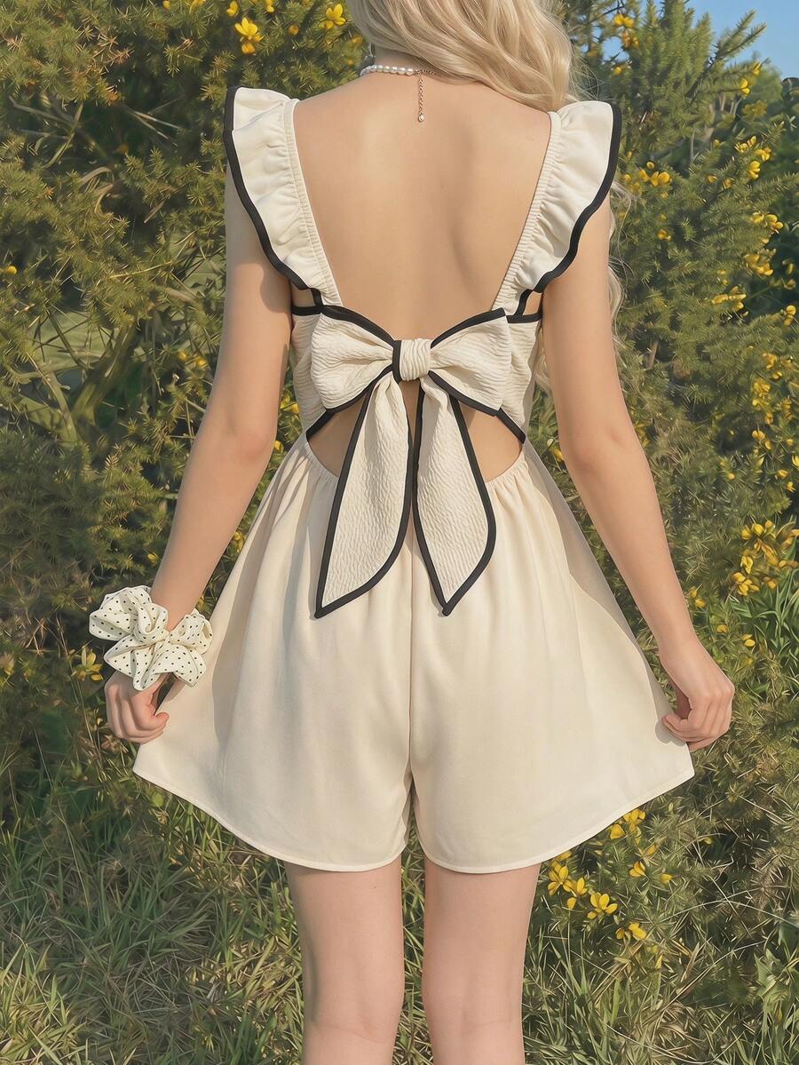 SHEIN 适合度假的少女条纹方领短袖宽松连体裤 - 卡其色 - 查看 1