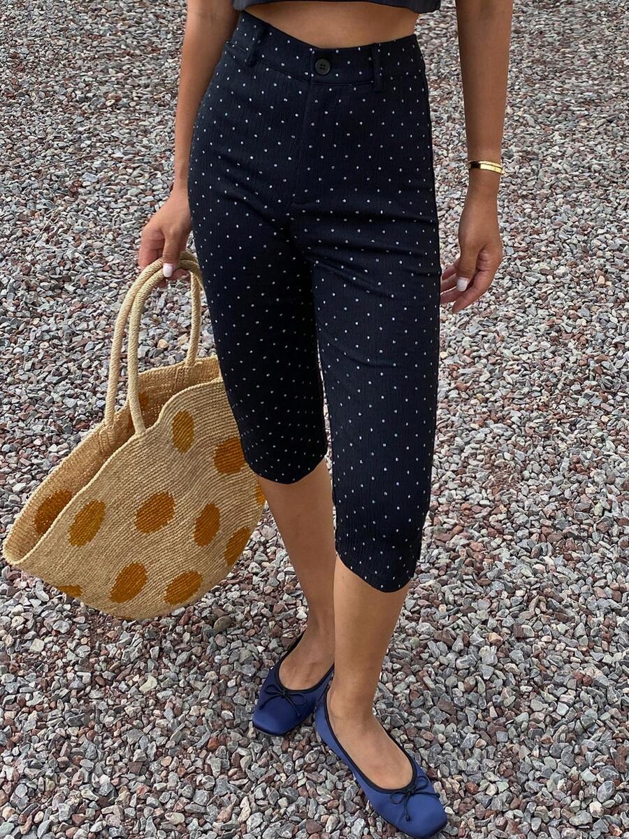 DAZY Polka Dot Fitted 7/8 Length Casual Vacation Pants For Women, Summer - Black - View 1