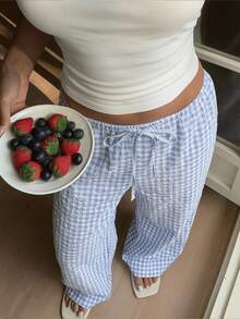 Pantalones de mujer a cuadros azules, de moda y rentables, adecuados para uso casual, vacaciones, hogar y playa.Pantalones palazzo de lino para chicas jóvenes - Multicolor - Ver 2