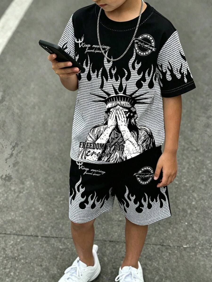 1套青少年男孩自由火焰套裝 | 黑白對比短袖T恤+短褲2件組,街頭風情!夏季青少年男孩街頭穿搭2件組,火焰噴濺印花,瞬間變身街頭風男孩,歐美風格 - 彩色 - 查看 1