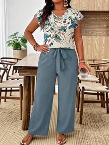 SHEIN Frenchy Casual Tropical Plant Print Plus Size 2 Pieces Set, Suitable For Summer - Multicolor - View 3