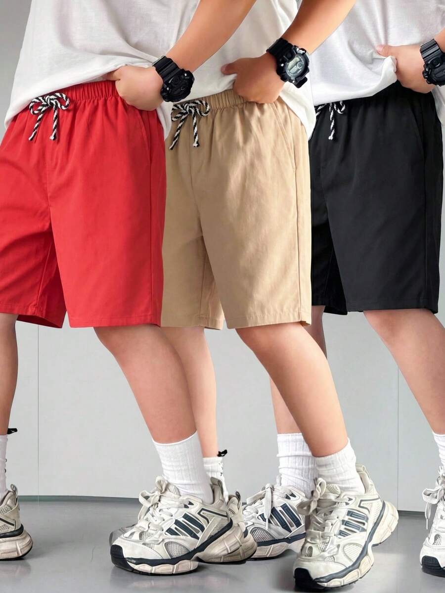 青少年男孩3入組休閒寬腿純色編織短褲,三色一件 - 彩色 - 查看 1