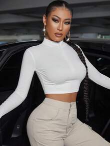 SHEIN SXY Spring And Summer Turtleneck Half-Zip Short White Long-Sleeved T-Shirt - White - View 6