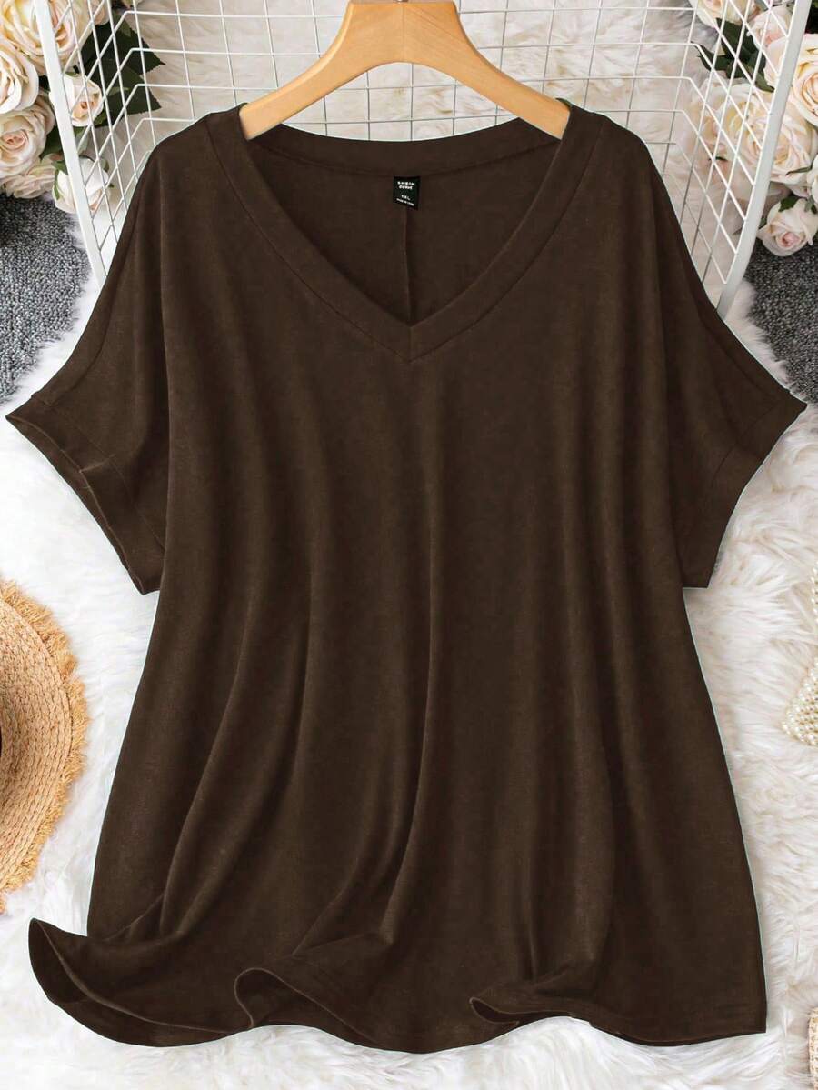 SHEIN CURVE+ Plus Size Casual Minimalist V-Neck Loose Knit Dress - Coffee Brown - View 1