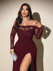 Viva Relle Sexy Fitted Off Shoulder Mesh Long Sleeve Plus Size Dress - Red - View 2
