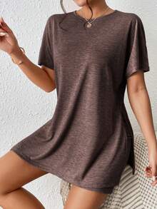 SHEIN Frenchy Batwing Sleeve Split Hem Tee & Biker Shorts Split Two Pieces,Summer Outfits For Women - Coffee Brown - View 3
