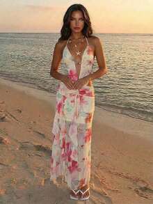 Aloruh Women's Romantic Tropical Spaghetti Strap Beaded Ruffle Floral Print Dress, Spring/Summer Beach Pink Floral - Multicolor - View 1