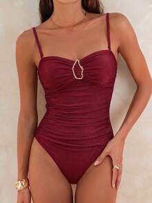Swim Chiccia 一件纯色面料金属装饰设计，优雅性感女士连体衣 - 紅色 - 查看 4
