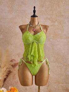 Bellisia 26SS Spring Summer Beach Party Vacation Lime Green Lace Floral Trim Cute Sweet Bow Bikini Set 2pcs Sexy - Green - View 1