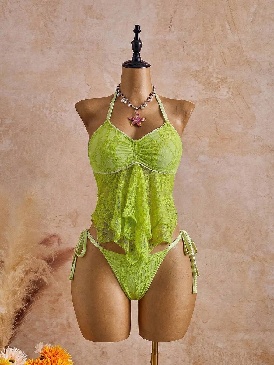 Bellisia 26SS Spring Summer Beach Party Vacation Lime Green Lace Floral Trim Cute Sweet Bow Bikini Set 2pcs Sexy - Green - View 1